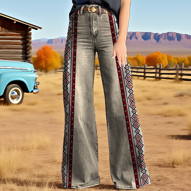 Women's Retro Western Country Aztec Style Printed Wide Leg Pants