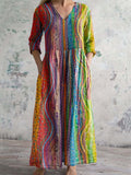 Damenkleid aus Baumwolle mit V-Ausschnitt und buntem geometrischem Muster, mit Taschen