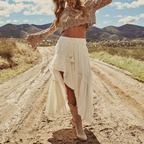 Western Spring Outfits Cotton Linen Blend High Low Tiered Maxi Skirt With Drawstring Waist And Tassel Detail