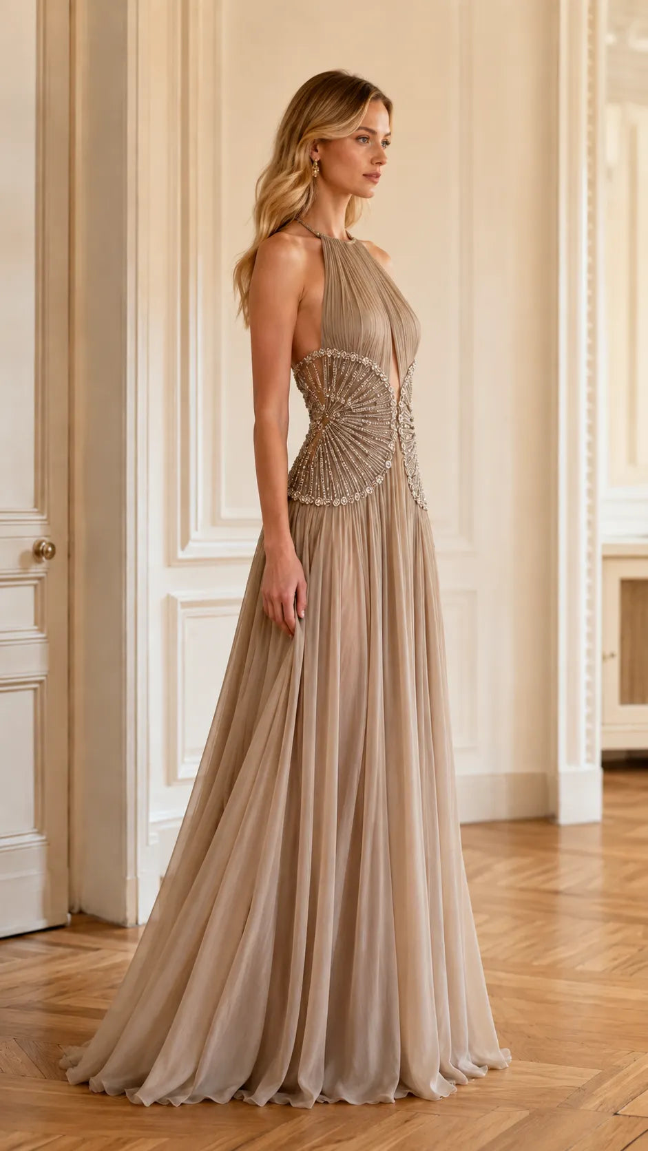 Pleated Halter Open-Back Embellished Evening Gown