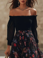 Capri Vibe Black Off Shoulder Long Sleeve Top Dark Floral Chiffon Pleated Maxi Skirt Two Piece Set
