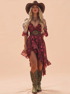 Western-Style Mini Dress — Crimson Agate Heavy-Duty Chiffon Off-The-Shoulder Deep V-Neck Floral Print Mini Dress, Shorter In The Front And Longer In The Back.