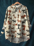 Women's Kid Drawing Art Dog Art Print Casual Cotton And Linen Shirt