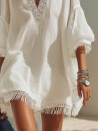 Bohemian White Cotton Linen V-neck Lace Tassel Loose Mini Dress