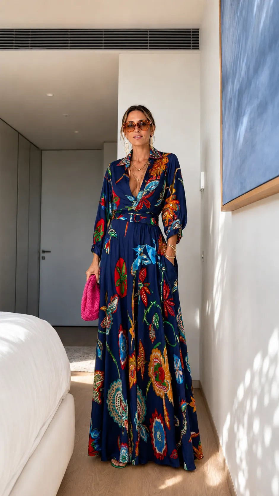 Printed Shirt Collar Maxi Dress with Belted Waist
