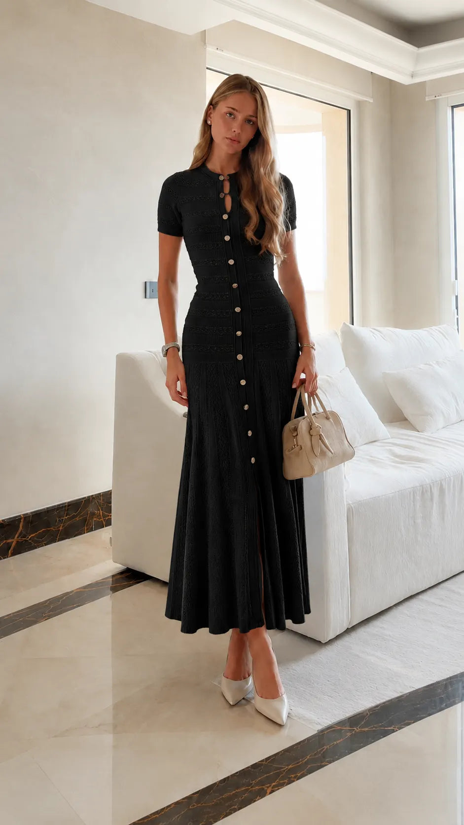 Elegant Ribbed Knit Midi Dress with Button Front & Side Slit - Casual Chic Summer Dress