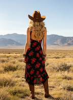 Women's Western Cowboy Black Floral Print Chiffon V-Neck Midi Dress With Lace Trim And Asymmetrical Hem