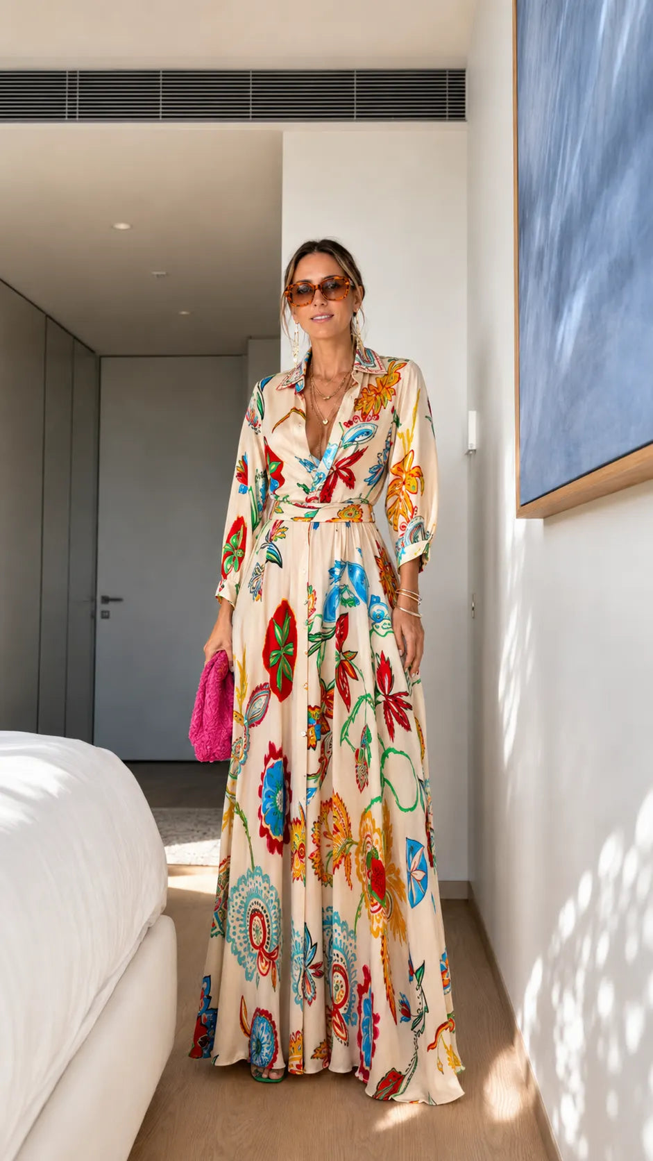 Printed Shirt Collar Maxi Dress with Belted Waist