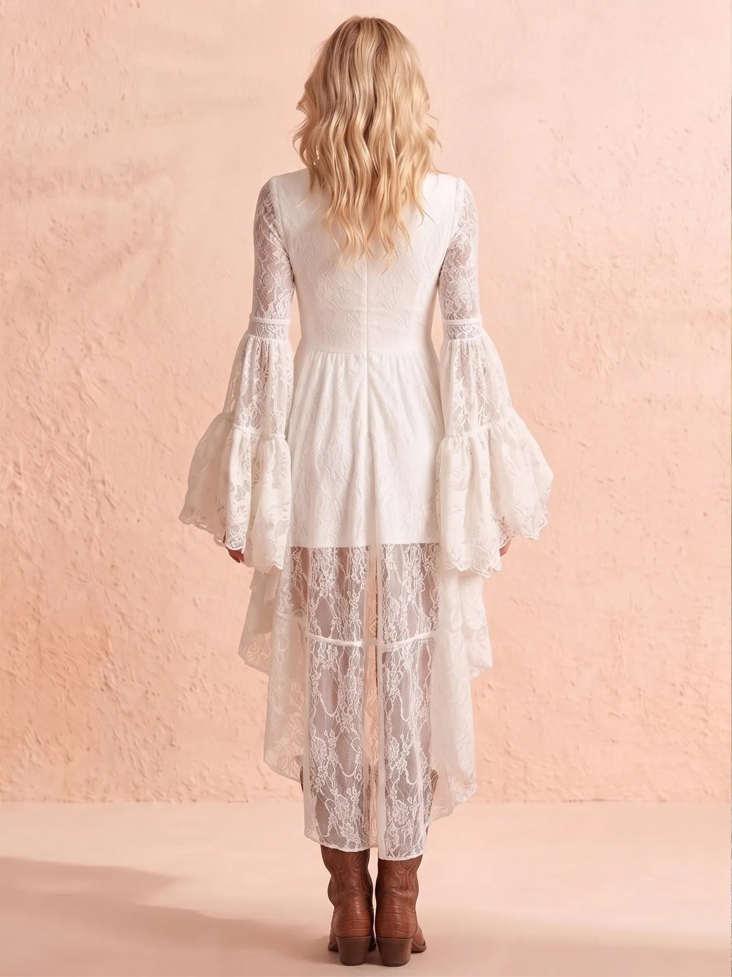 Western Dress — Champagne Sand Asymmetrical High-Low Lace Dress Mini Dress