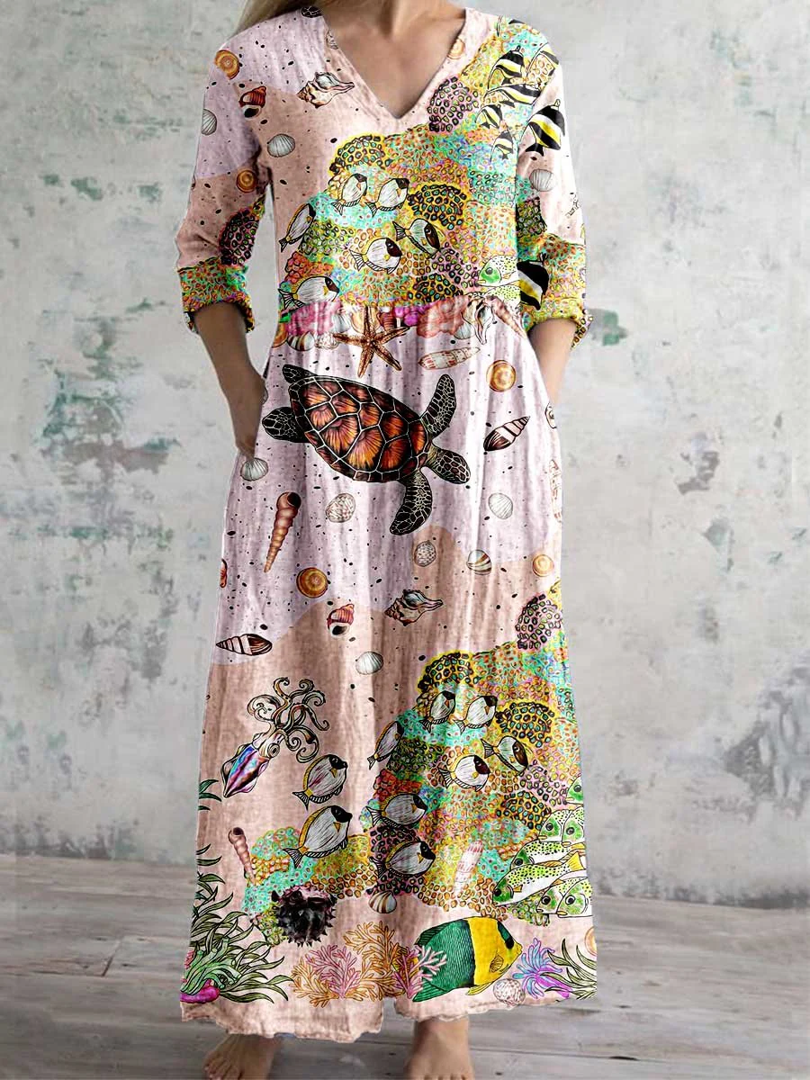 Women's V-Neck Undersea Eorld Print Pattern Cotton And Linen Dress With Pockets