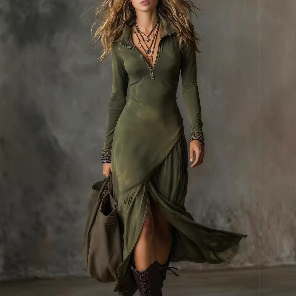 Soft Knit Long Sleeve Asymmetric Zip Front Midi Dress With High Slit