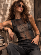 Gothic Faux Leather Mesh Spliced Button Front Crew Neck Sleeveless Tank