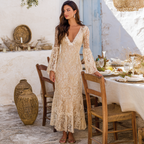Lace V-Neck Long Sleeve Maxi Dress Elegant Bohemian Style Women's Evening Gown