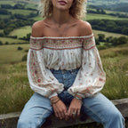 Outdoor Retro Bohemian Style Printed Off-shoulder High-waisted Long-sleeved T-shirt Top