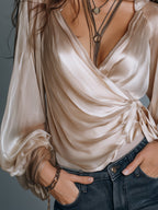 Elegant Satin Wrap Blouse With Side Ties