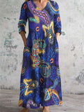 Women's V Neck Lizard Painting Art Cotton Linen Pocket Dress