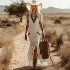 Spring Outfits Elegant Retro Style Patchwork Lace White Cotton Linen Sleeveless Fishtail Maxi Dress