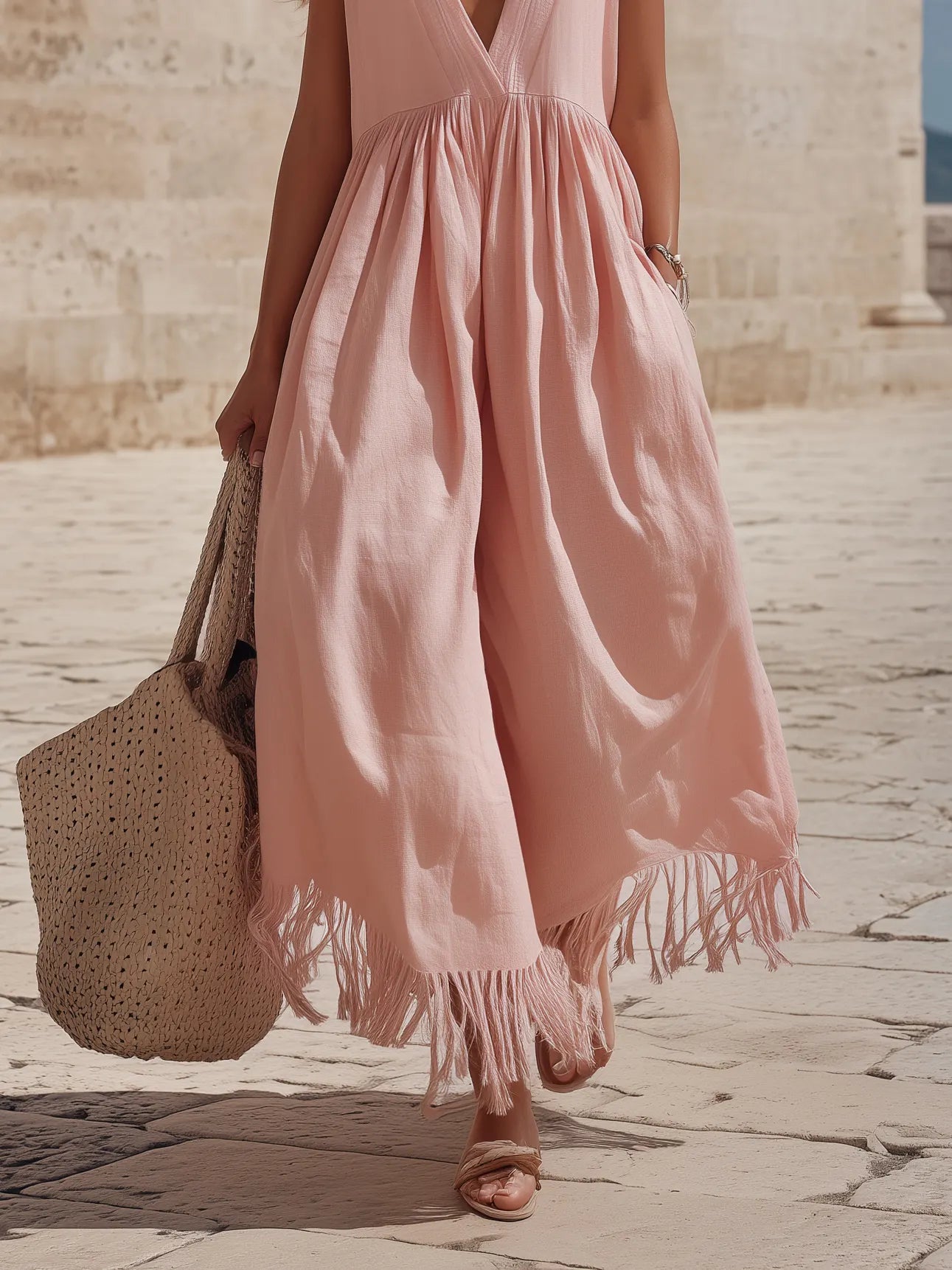 vacation style dusty pink deep v neck gathered waist fringe hem wide leg jumpsuit