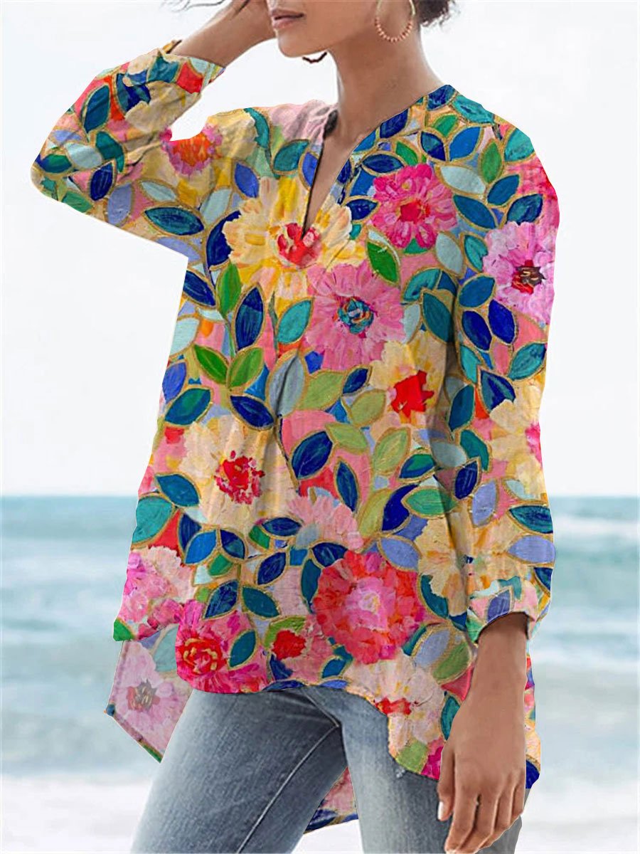 Damen V-Ausschnitt Leinenhemd mit Blumenmuster