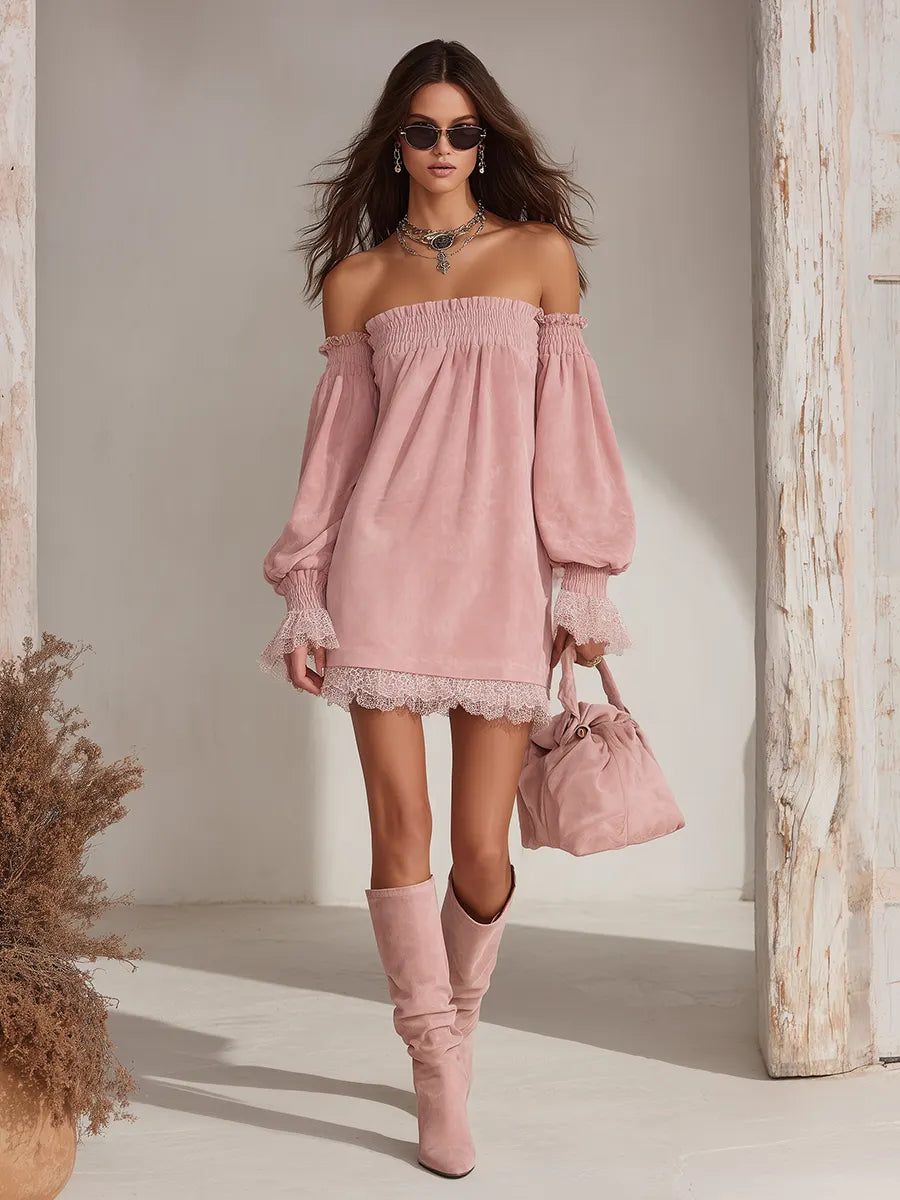 Retro-chic Off-shoulder Lace Trim Faux Suede Mini Dress