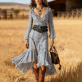 Women's Vintage Autumn/Winter Western Country  V-Neck Woven Fabric Plaid Print Dress