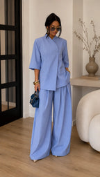 Minimalist Cross-Front Blazer Set - Oversized Linen Blend Jacket & High-Waisted Wide Leg Pants Co-ord