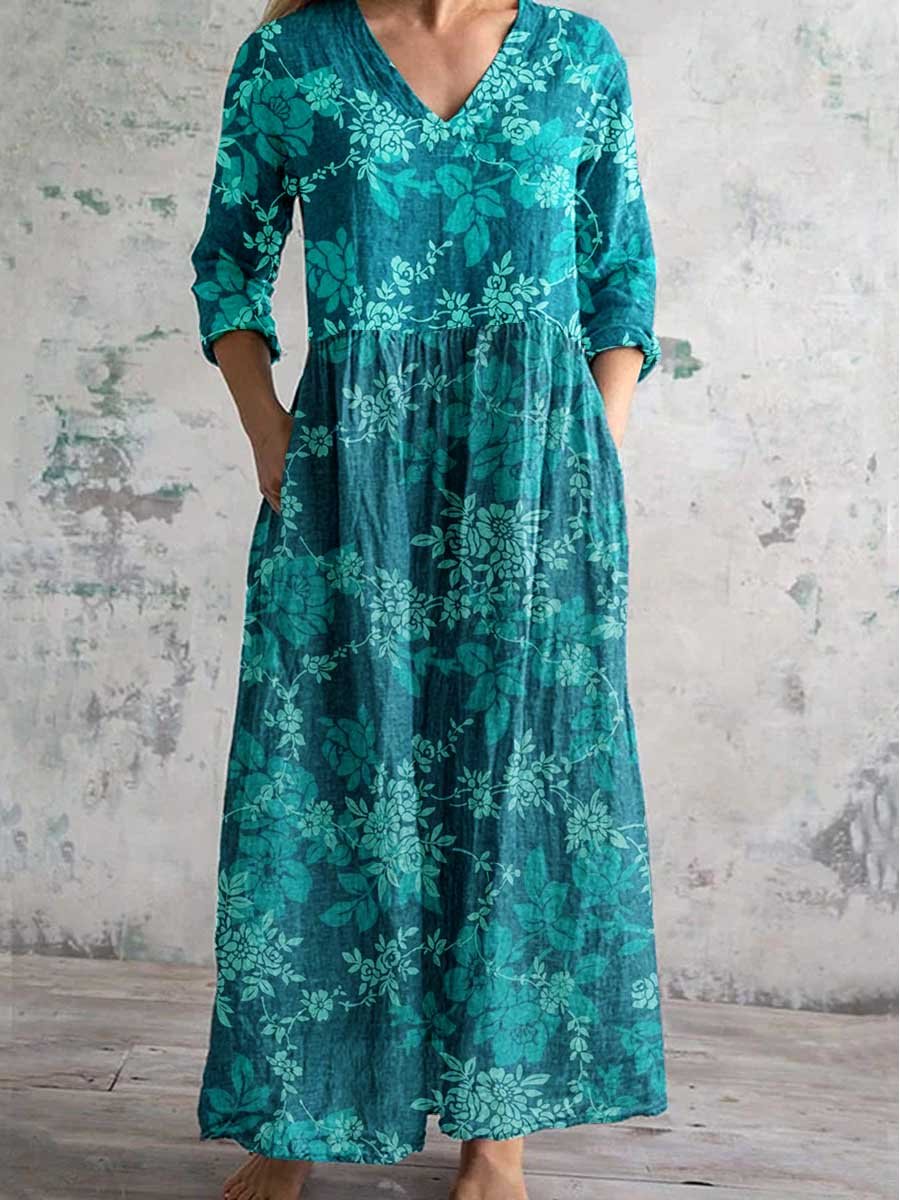 Women's Elegant Simple Floral V-Neck Cotton and Linen Dress with Pockets