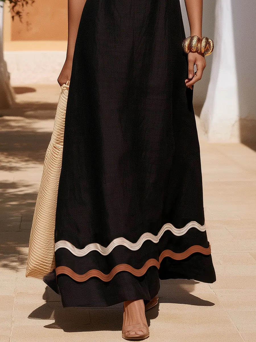 Resort-Style Contrasting Wave Trim Black Cotton-Linen Maxi Dress