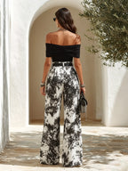 Resort-style Off-shoulder Short-sleeve Top And Printed Chiffon Trousers Set