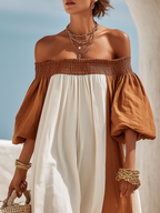 Old Money Off-Shoulder Short-Sleeve Color-Block Cotton-Linen Maxi Dress