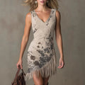 Coachella Outfit Women Soft Knit V-Neck Western Fringe Mini Dress With Abstract Print And Asymmetrical Hem