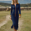 Denim Zip-Front Fringe Midi Dress With Faux Suede Collar And Cuffs
