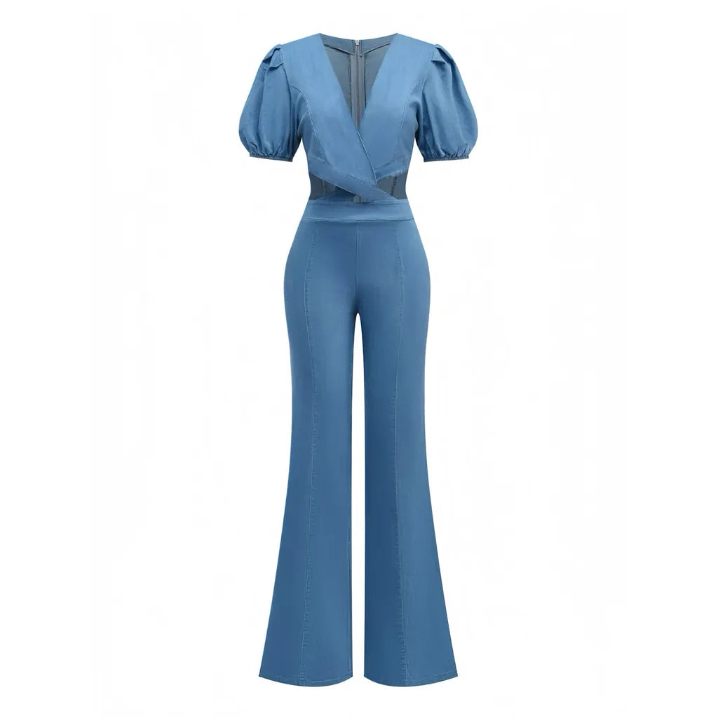 Light Blue 1970s Denim Puff Sleeve Cut-out Jumpsuit