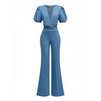 Light Blue 1970s Denim Puff Sleeve Cut-out Jumpsuit