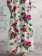 Women's Rose Floral Pattern V-Neck Cotton and Linen Dress with Pockets