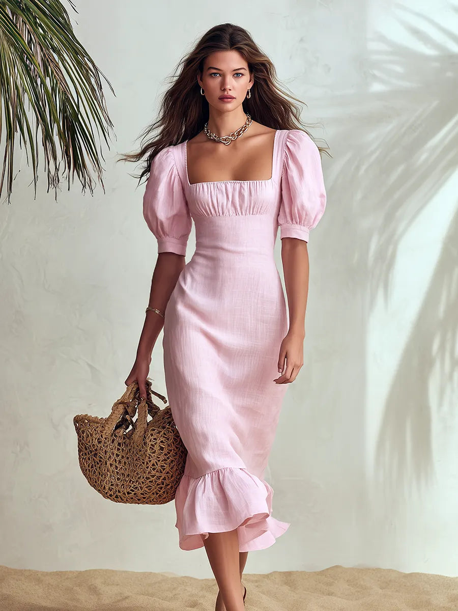 Vacation-style Square-neck Puff-sleeve Ruffled Midi Dress