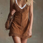 2026 New Arrivals Spring/Summer Women's Vintage Suede Velvet Pleated Waist-cinched V-neck Fringe Halter Dress