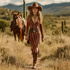 Western Girl Retro Ethnic Style Geometric Striped V-neck Long-sleeved Dress