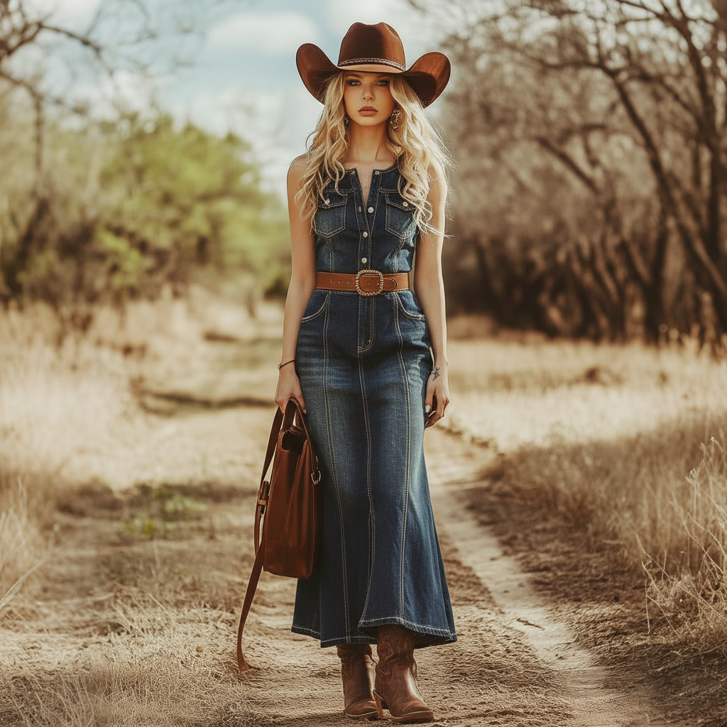 Western Retro Style Denim Sleeveless Maxi Dress