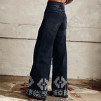 Women's Retro Western Country Aztec Style Printed Faux Denim Wide Leg Pants