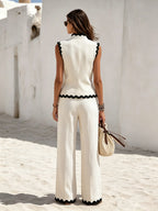 Resort-style Sleeveless Top With Wavy Hem And Linen Trousers Set