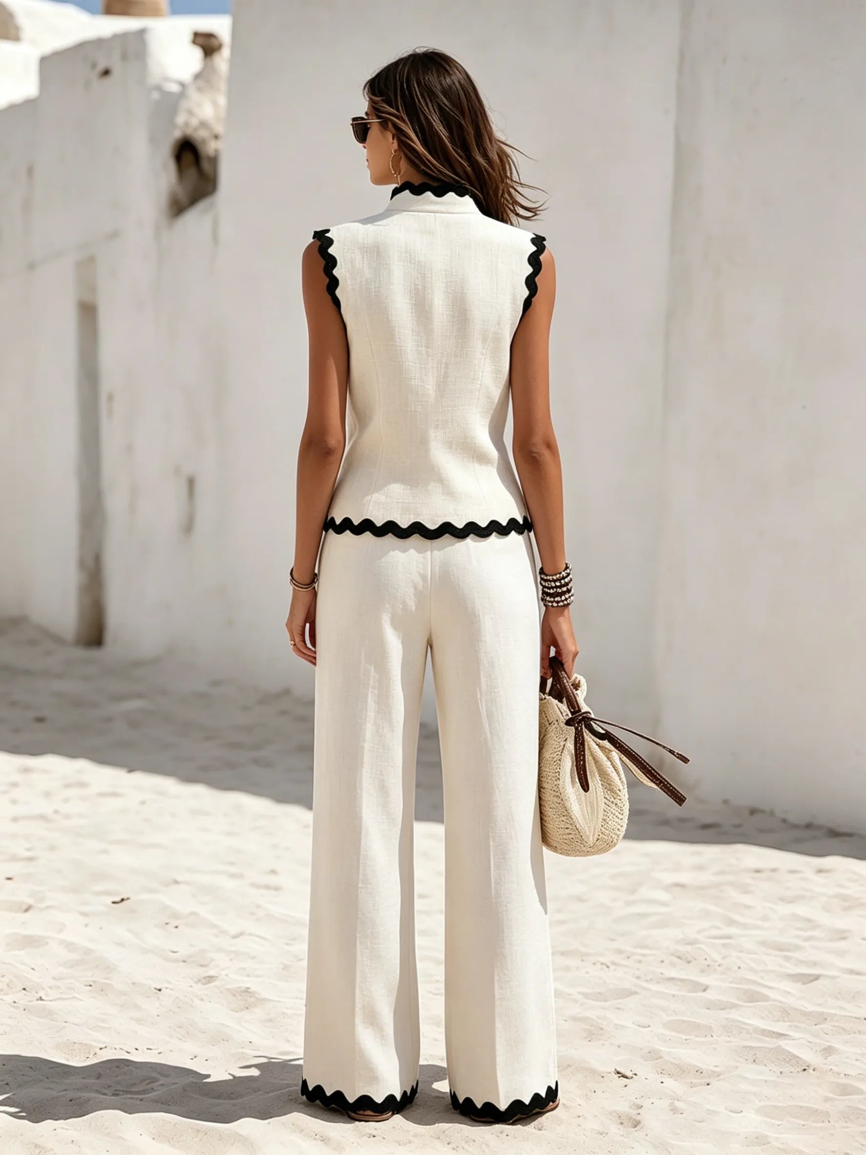 Resort-style Sleeveless Top With Wavy Hem And Linen Trousers Set