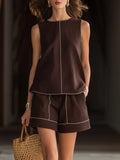 Vacation Style Brown Contrast-Trim Linen-Blend Two-Piece Set