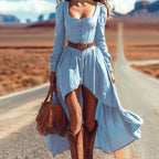 Boho Chic Asymmetrical Long Sleeve Dress With Western Belt And Fringe Bag Set