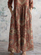 Women's V-neck Elegant Vintage Floral Pattern Cotton Shirt Dress