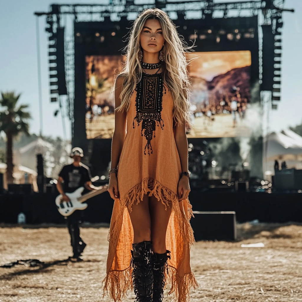 Country Concert Outfit Music Festival Rock Party Vintage Wilderness Ethnic Style Linen Tassel Lace Suspender Dress
