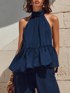Chic Vacation Dark Blue Sleeveless Ruffled Top And Cropped Pants Set