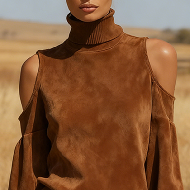 Women's Autumn/Winter Suede Stand Collar Off-Shoulder Design Western Retro Style Dress