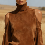 Women's Autumn/Winter Suede Stand Collar Off-Shoulder Design Western Retro Style Dress