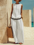 Relaxed Black Trim White Cotton Sleeveless Top And Wide-leg Trousers Set